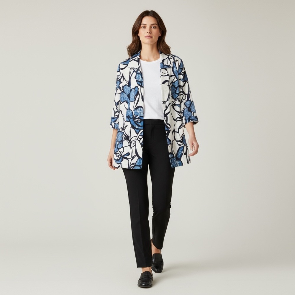 Chicos Navy Linen Blend Navy Black Pattern Open Front Jacket Career Art to Wear
